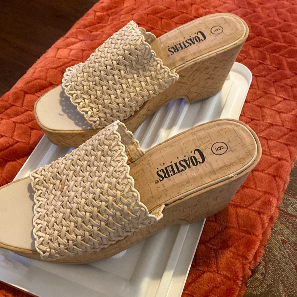 Sandals cork heel 3”. Used good condition. Pictures show the flaws.